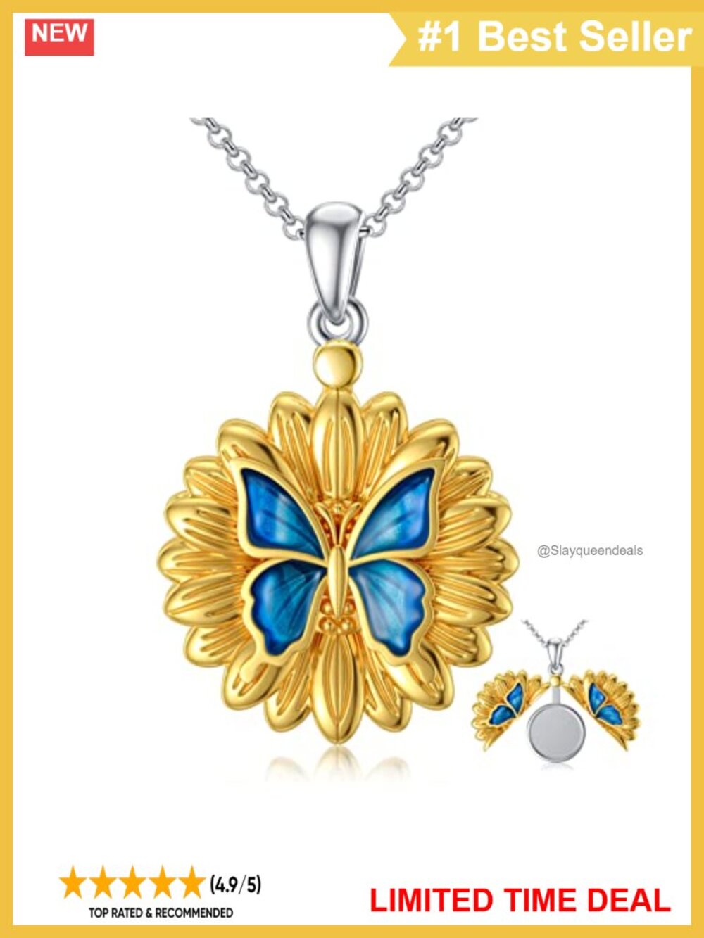 Gold Plated Sterling Silver Butterfly Photo Locket Necklace 2 Pictures